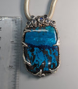 Shattuckite, Sterling Silver Pendant with Black Diamonds and Rainbow Moonstones