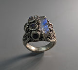 BRAND NEW! Rough, Natural Rainbow Moonstone, Sterling Silver Ring with Rainbow Moonstones, Brown & Black Diamond