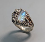 BRAND NEW! Rough, Natural Rainbow Moonstone, Sterling Silver Ring with Rainbow Moonstones, Brown & Black Diamond
