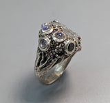 BRAND NEW! Rough, Natural Rainbow Moonstone, Sterling Silver Ring with Rainbow Moonstones, Brown & Black Diamond