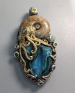 Nacreous Ammonite Fossil and Drusy Chrysocolla in Sterling Silver and 14kt Gold "Jurassic Classic" Pendant