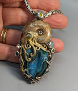 Nacreous Ammonite Fossil and Drusy Chrysocolla in Sterling Silver and 14kt Gold "Jurassic Classic" Pendant