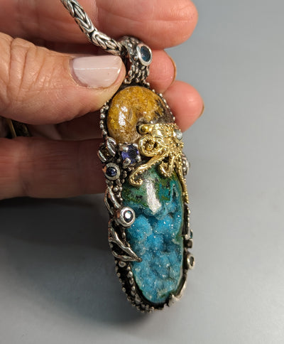 Nacreous Ammonite Fossil and Drusy Chrysocolla in Sterling Silver and 14kt Gold "Jurassic Classic"  Pendant