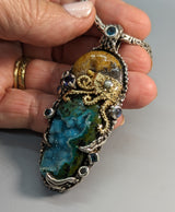 Nacreous Ammonite Fossil and Drusy Chrysocolla in Sterling Silver and 14kt Gold "Jurassic Classic"  Pendant