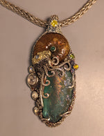 BRAND NEW, Nacreous Ammonite Fossil and Bactrian Glass in Sterling Silver and 14kt Gold "Jurassic Classic" Pendant