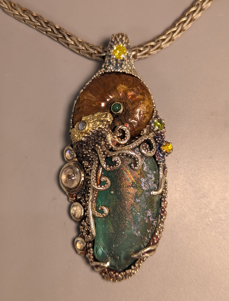 BRAND NEW, Nacreous Ammonite Fossil and Bactrian Glass in Sterling Silver and 14kt Gold 