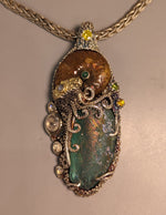 BRAND NEW, Nacreous Ammonite Fossil and Bactrian Glass in Sterling Silver and 14kt Gold "Jurassic Classic" Pendant
