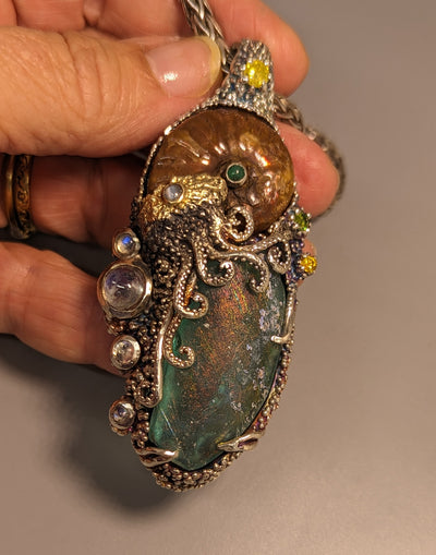 BRAND NEW, Nacreous Ammonite Fossil and Bactrian Glass in Sterling Silver and 14kt Gold "Jurassic Classic" Pendant