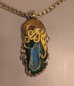 BRAND NEW, Nacreous Ammonite Fossil and Drusy Chrysocolla in Sterling Silver and 14kt Gold "Jurassic Classic" Pendant
