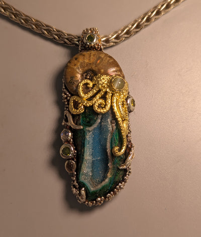 BRAND NEW, Nacreous Ammonite Fossil and Drusy Chrysocolla in Sterling Silver and 14kt Gold "Jurassic Classic" Pendant
