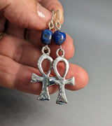 Sterling Silver Ankh Earrings with Lapis