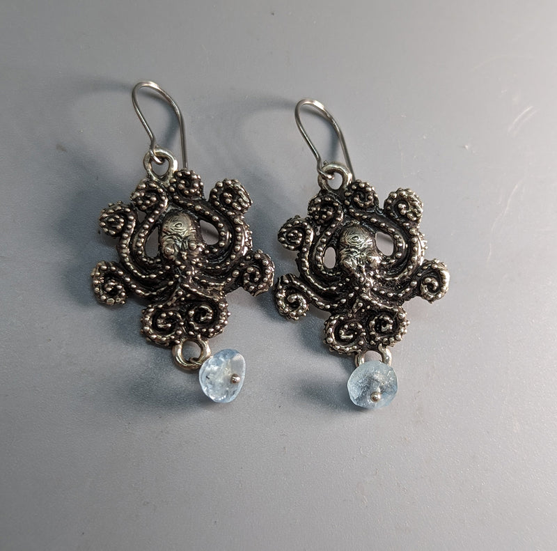 Sterling Silver Octopus Earrings with Aquamarine Beads