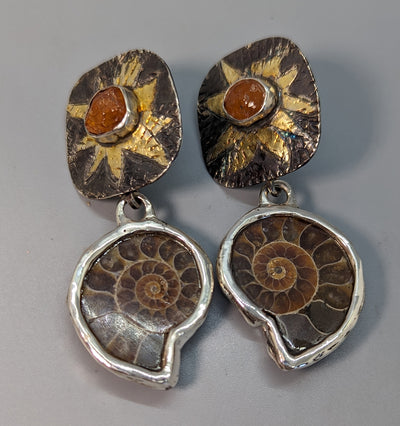 Keum Boo Earring Tops with Ammonite Fossil, Sterling Silver Drops