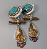 Turquoise Sterling Silver Earring Tops with Picture Jasper, Gold Coral Drops