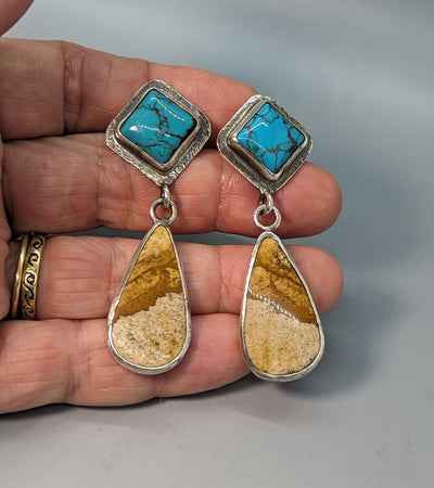 Turquoise Sterling Silver Earring Tops with Picture Jasper Sterling Silver Drops