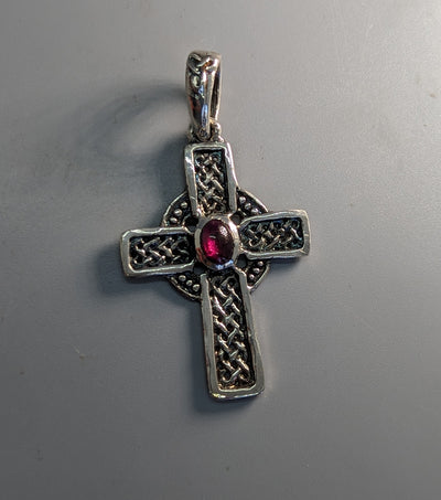Sterling Silver Small Celtic Cross with Garnet