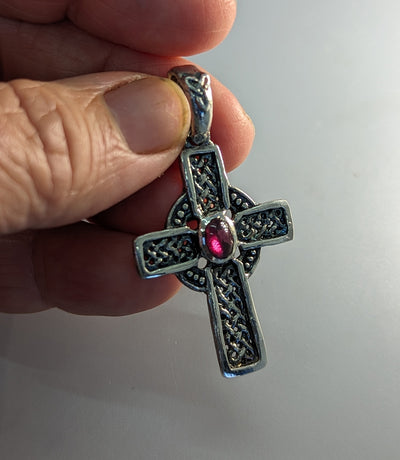 Sterling Silver Small Celtic Cross with Garnet