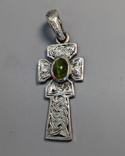Small Sterling Silver Fahan Mura Celtic Cross with Cat's Eye Tourmaline