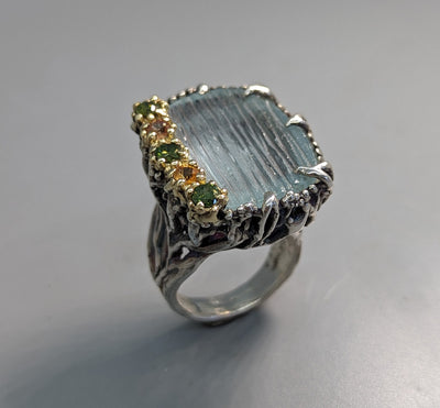 Carved Aquamarine Sterling Silver and 14kt Gold Ring