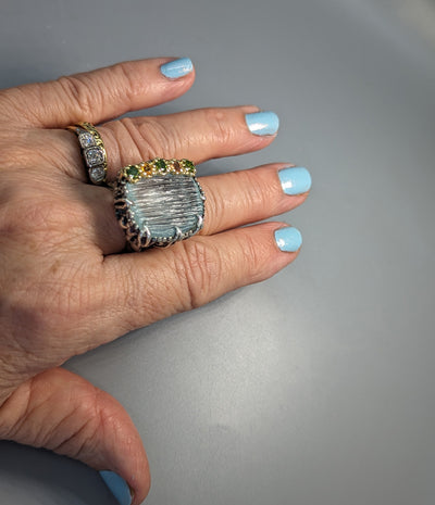 Carved Aquamarine Sterling Silver and 14kt Gold Ring