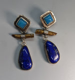 Peruvian Opal Earring Sterling Silver Tops with Lapis, Gold Coral Sterling Silver Drops