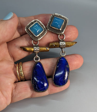 Peruvian Opal Earring Sterling Silver Tops with Lapis, Gold Coral Sterling Silver Drops