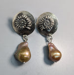 Ammonite Design Sterling Silver Earring Tops with Freshwater Pearl Drops