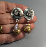 Ammonite Design Sterling Silver Earring Tops with Freshwater Pearl Drops