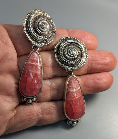 Sterling Silver Shell Design Tops with Rhodochrosite Sterling Silver Drops