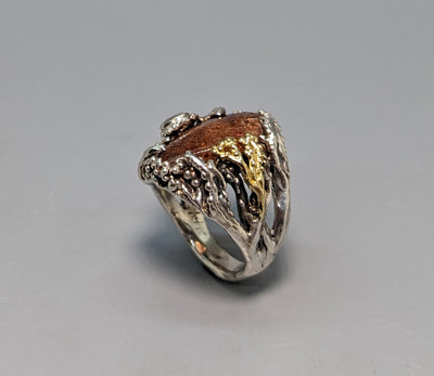 Rainbow Lattice Sunstone, Sterling Silver and 14kt Gold Ring