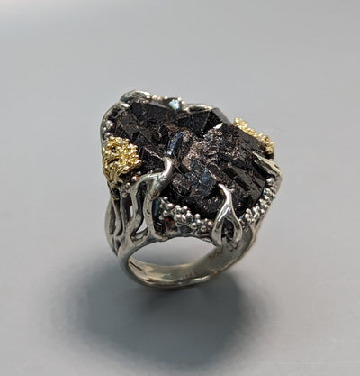 Andradite Garnet Crystal Cluster, Sterling Silver and 14kt Gold Ring
