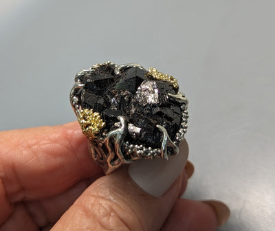 Andradite Garnet Crystal Cluster, Sterling Silver and 14kt Gold Ring