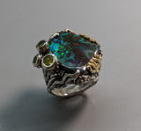 Yowah Opal, Sterling Silver and 14kt Gold Ring with Yellow and Green Diamonds