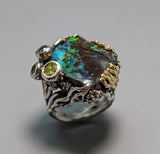 Yowah Opal, Sterling Silver and 14kt Gold Ring with Yellow and Green Diamonds