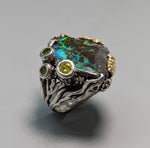 Yowah Opal, Sterling Silver and 14kt Gold Ring with Yellow and Green Diamonds