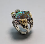 Yowah Opal, Sterling Silver and 14kt Gold Ring with Yellow and Green Diamonds