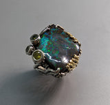 Yowah Opal, Sterling Silver and 14kt Gold Ring with Yellow and Green Diamonds