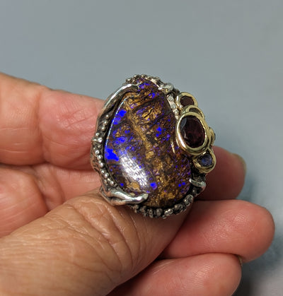 Yowah Opal, Sterling Silver and 14kt Gold Ring with Stones set on Side