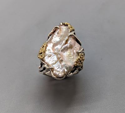 Large Freshwater Pearl, Sterling Silver and 14kt Gold Ring