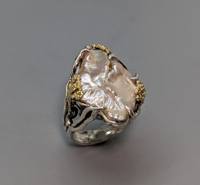 Large Freshwater Pearl, Sterling Silver and 14kt Gold Ring