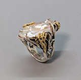 Large Freshwater Pearl, Sterling Silver and 14kt Gold Ring