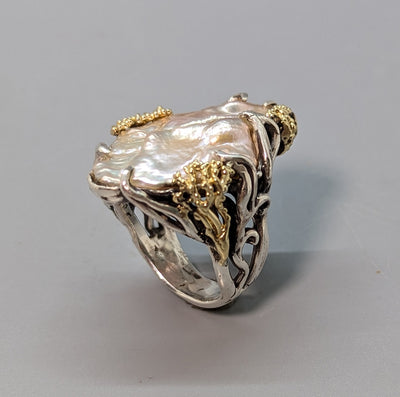 Large Freshwater Pearl, Sterling Silver and 14kt Gold Ring