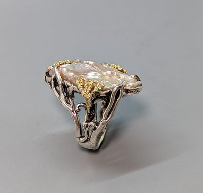 Large Freshwater Pearl, Sterling Silver and 14kt Gold Ring