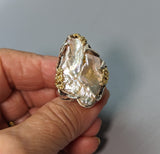 Large Freshwater Pearl, Sterling Silver and 14kt Gold Ring