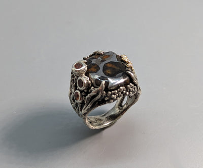 Pallasite meteorite in Sterling Silver and 14kt Gold Ring