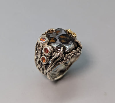 Pallasite meteorite in Sterling Silver and 14kt Gold Ring