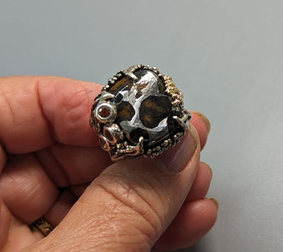 Pallasite meteorite in Sterling Silver and 14kt Gold Ring