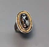 Pallasite Meteorite, Sterling Silver Ring with 14kt Gold Rim