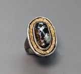 Pallasite Meteorite, Sterling Silver Ring with 14kt Gold Rim