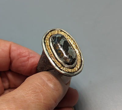 Pallasite Meteorite, Sterling Silver Ring with 14kt Gold Rim